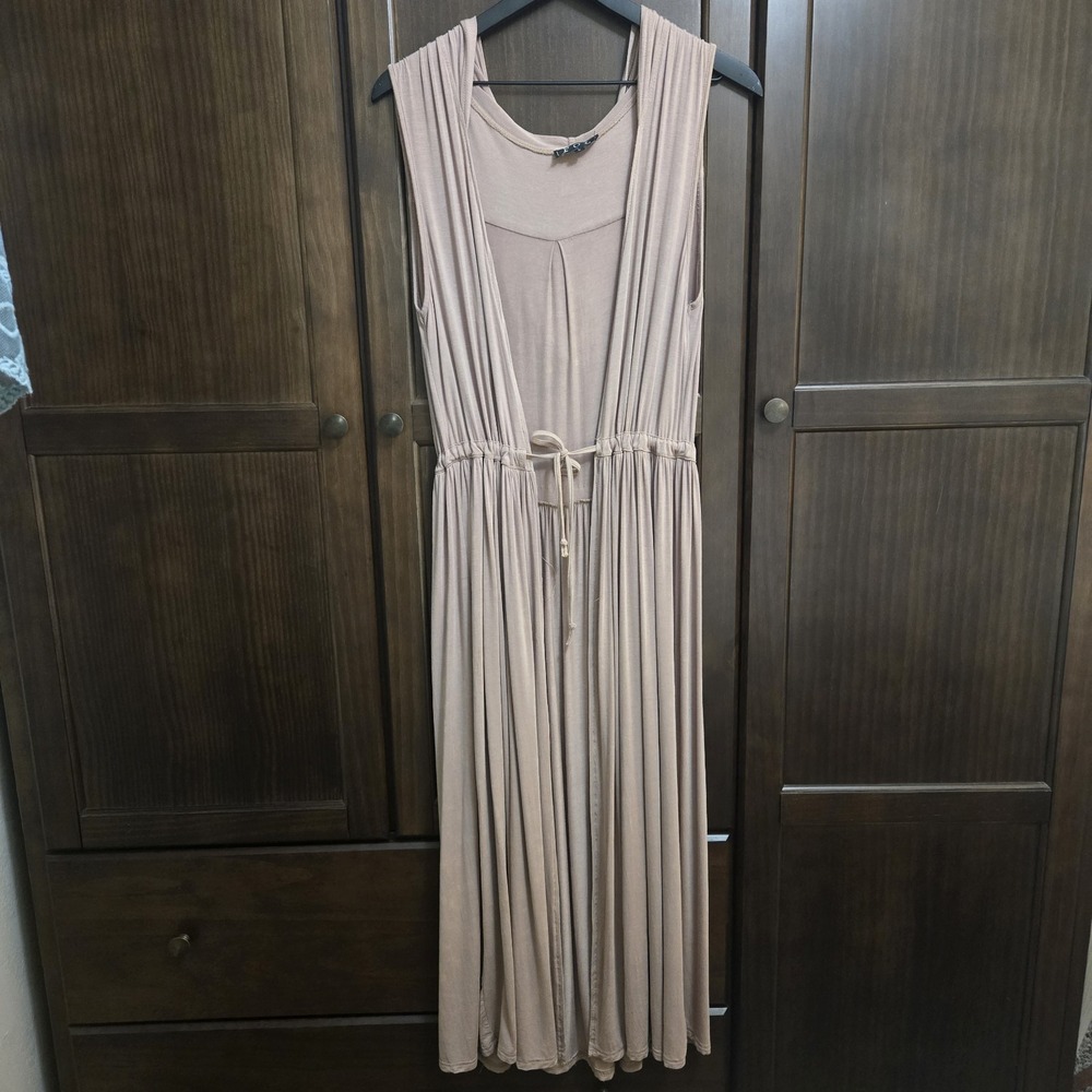 POL Hooded Duster Sleeveless‎ Drawstring Beige Maxi Boho Beach Vest Kimono Large